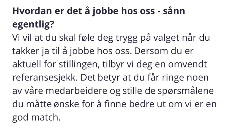 Bilde av utklipp fra en stillingsannonse hos skatteetaten med "omvendt referansesjekk". 